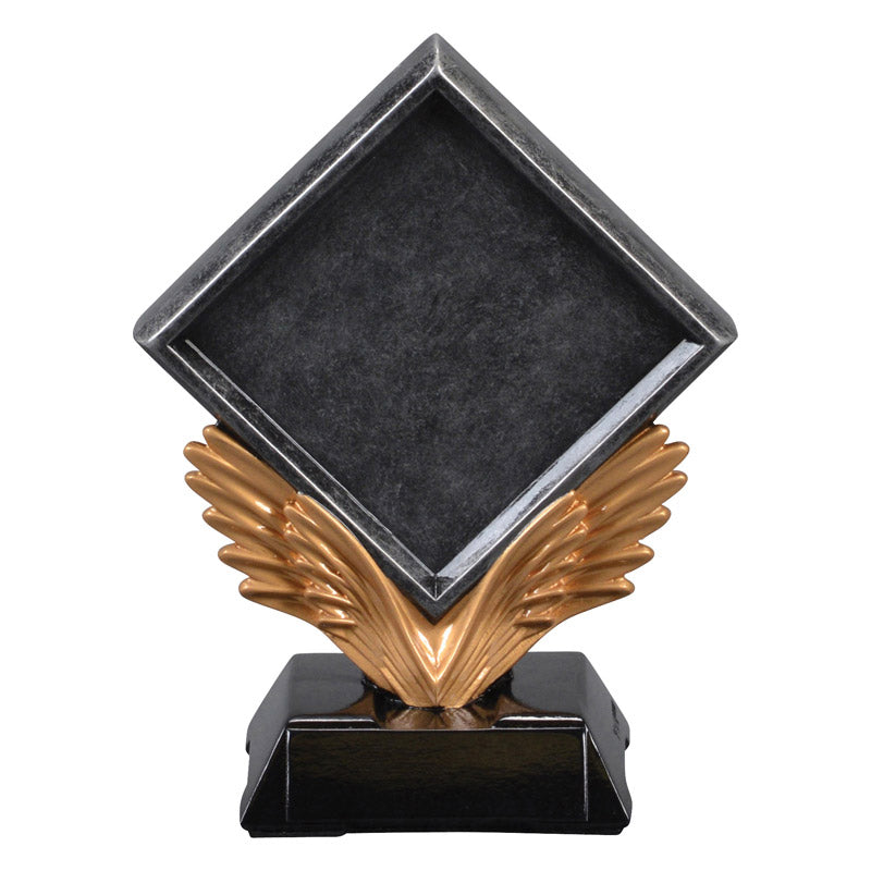 Decorative trophy with gold wings and black base on a white background