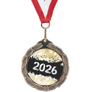 Medal with '2026' on a black background and a red, white, and blue ribbon.
